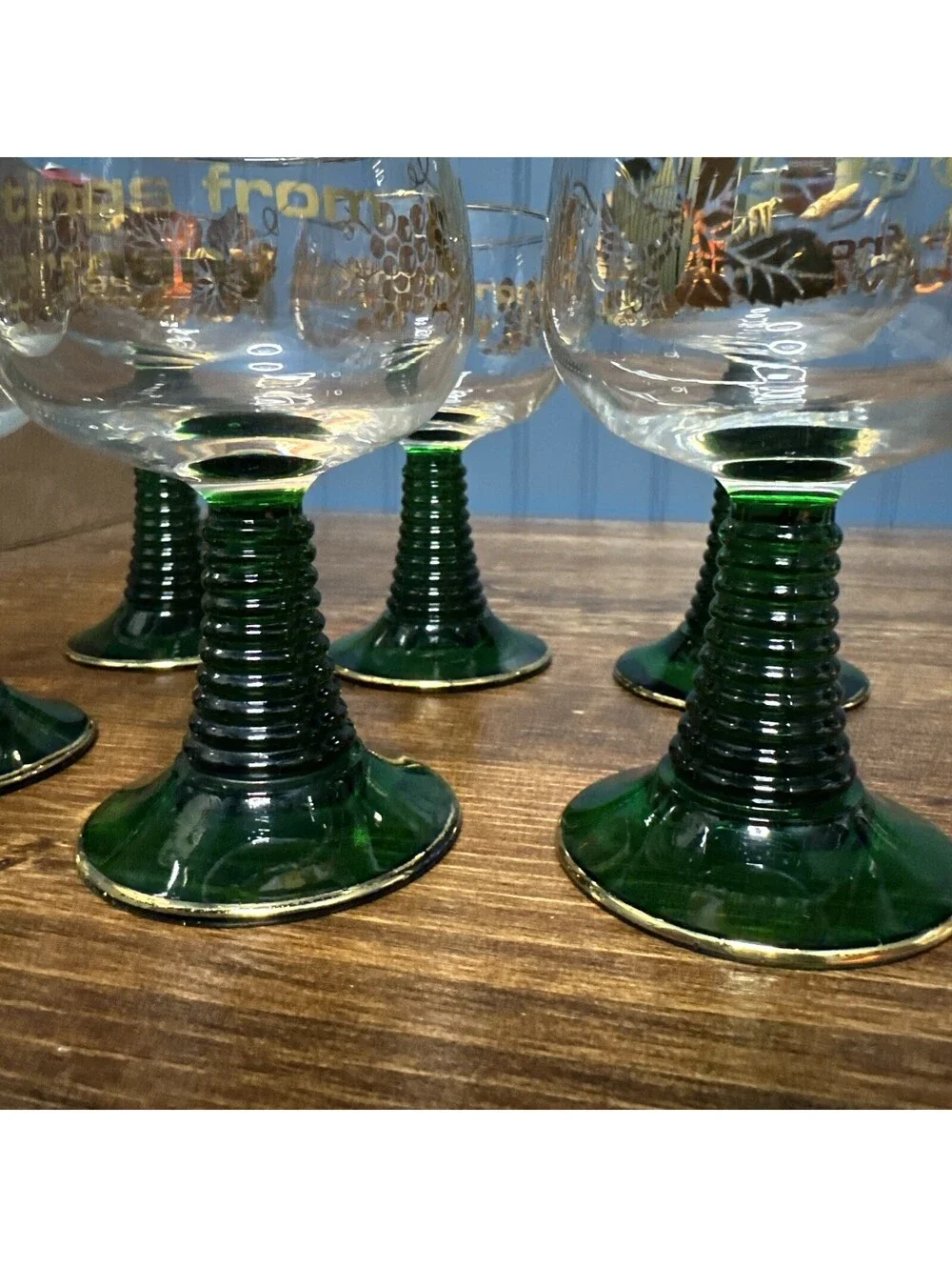 Vintage Greetings Germany Green Stem Gold Rim Wine Goblets Glasses Set of 6